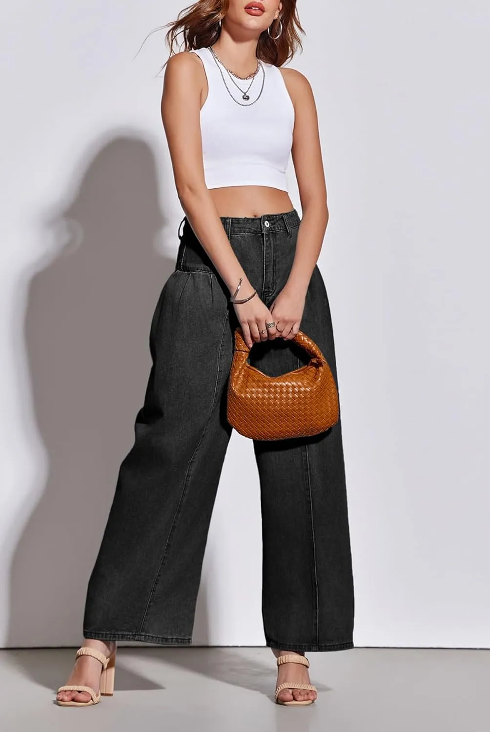PLNOTME Womens Baggy High Waisted Jeans Loose Boyfriend Wide Leg Side Pleated Denim Pants