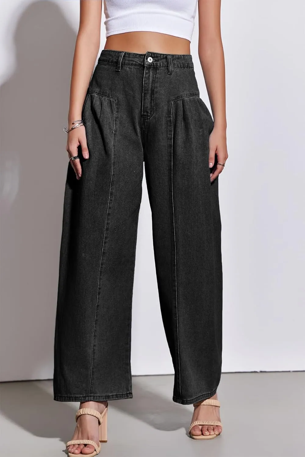 PLNOTME Womens Baggy High Waisted Jeans Loose Boyfriend Wide Leg Side Pleated Denim Pants
