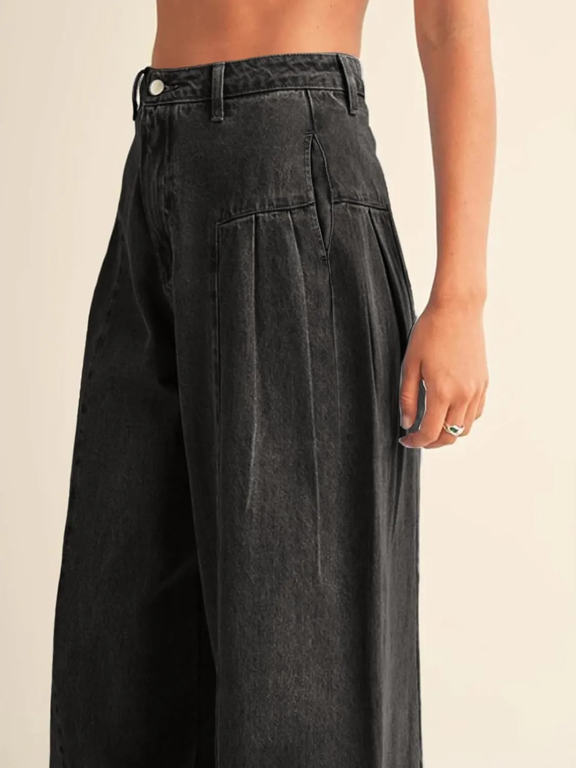 PLNOTME Womens Baggy High Waisted Jeans Loose Boyfriend Wide Leg Side Pleated Denim Pants