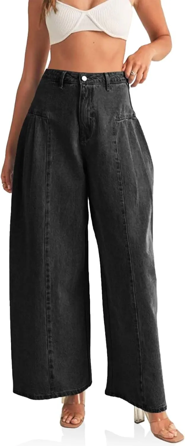 PLNOTME Womens Baggy High Waisted Jeans Loose Boyfriend Wide Leg Side Pleated Denim Pants