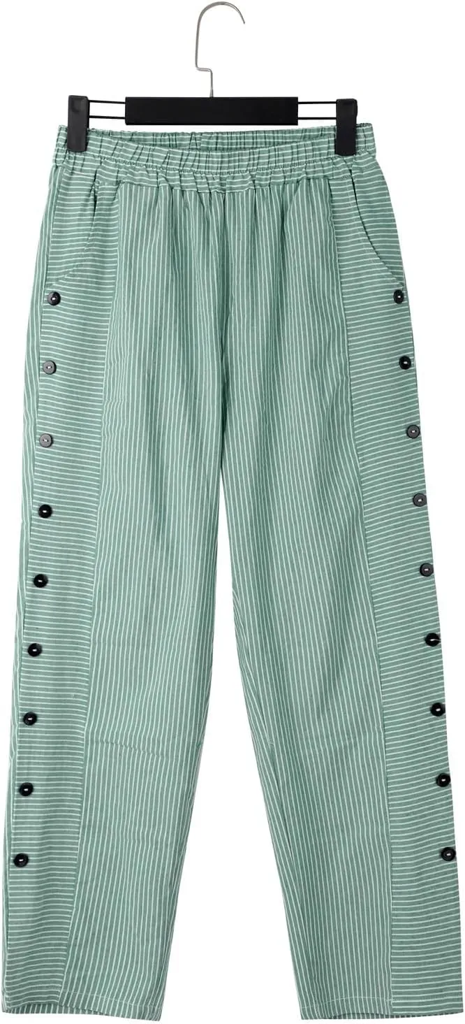 Plus Size Capris for Women Striped Floral Printed Cotton Linen Pants Lightweight Casual Trousers with Pockets