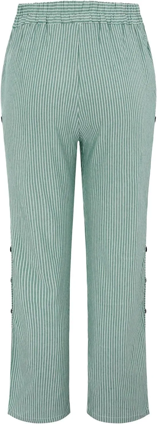 Plus Size Capris for Women Striped Floral Printed Cotton Linen Pants Lightweight Casual Trousers with Pockets