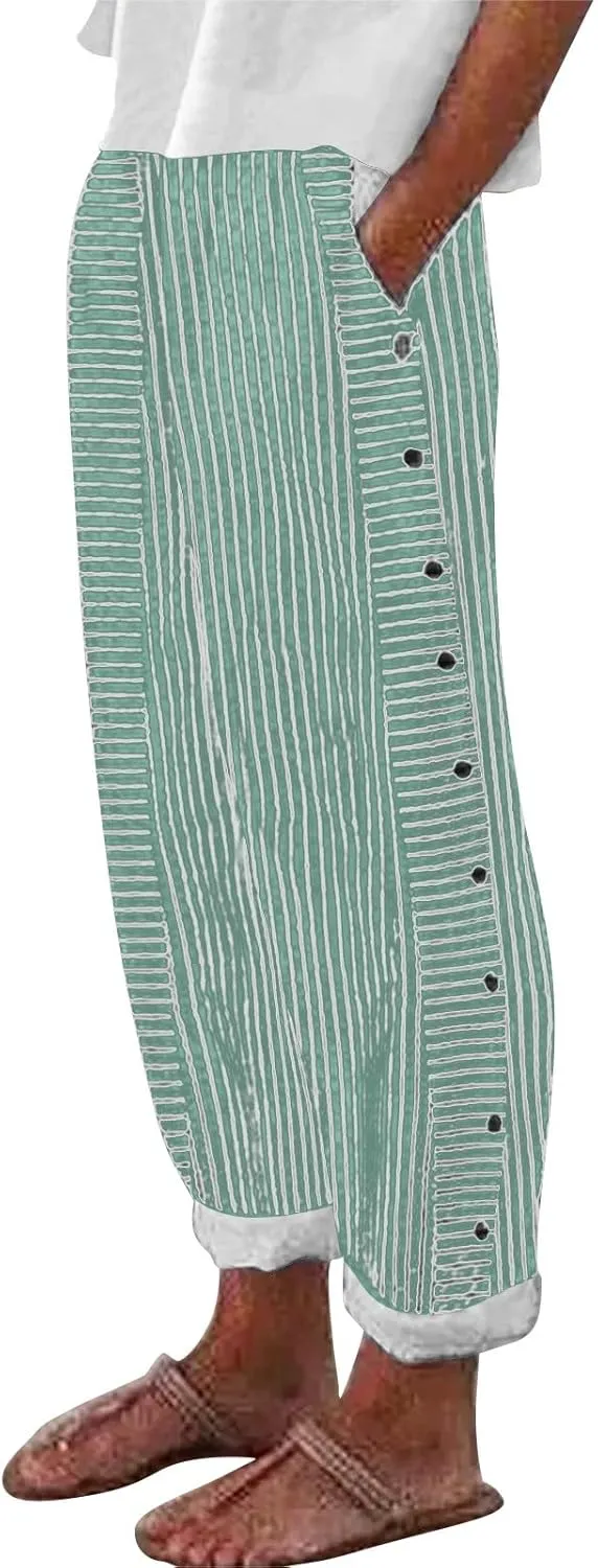 Plus Size Capris for Women Striped Floral Printed Cotton Linen Pants Lightweight Casual Trousers with Pockets