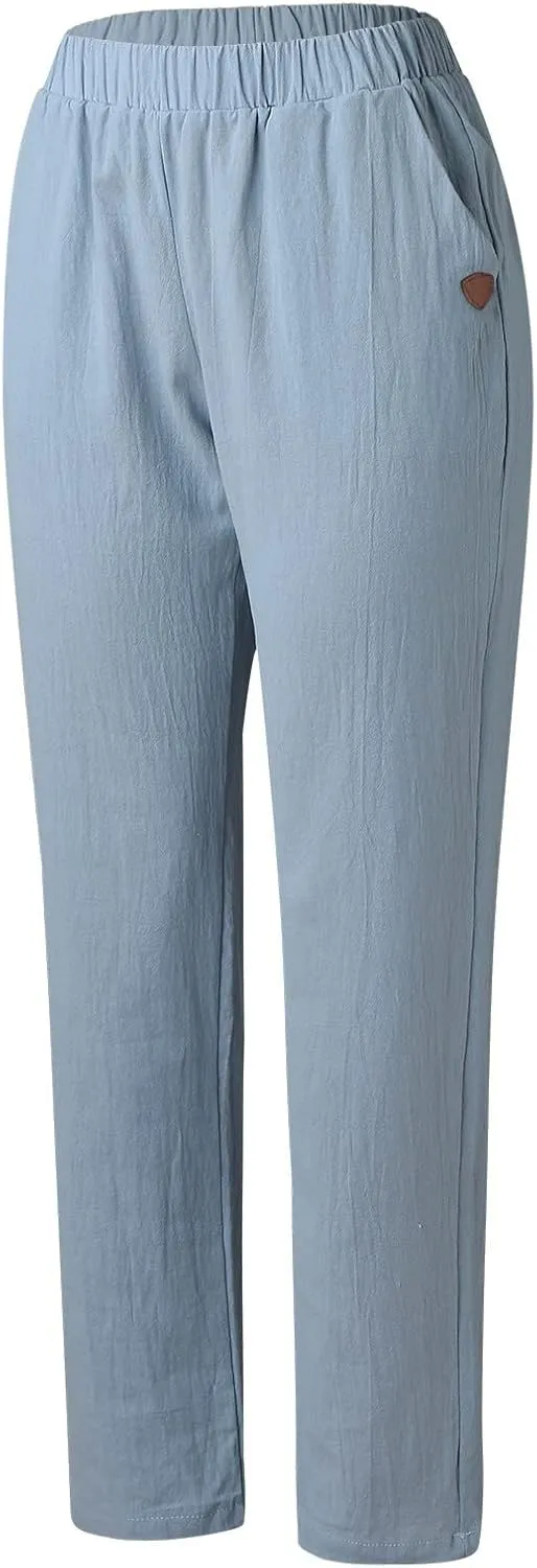 Plus Size Capris for Women Striped Floral Printed Cotton Linen Pants Lightweight Casual Trousers with Pockets