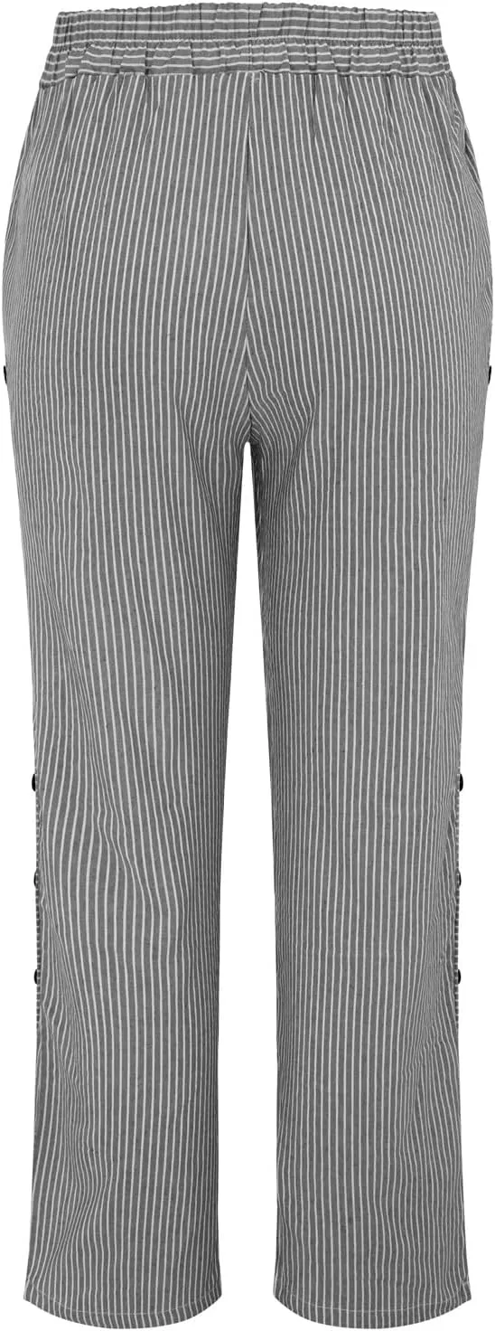 Plus Size Capris for Women Striped Floral Printed Cotton Linen Pants Lightweight Casual Trousers with Pockets