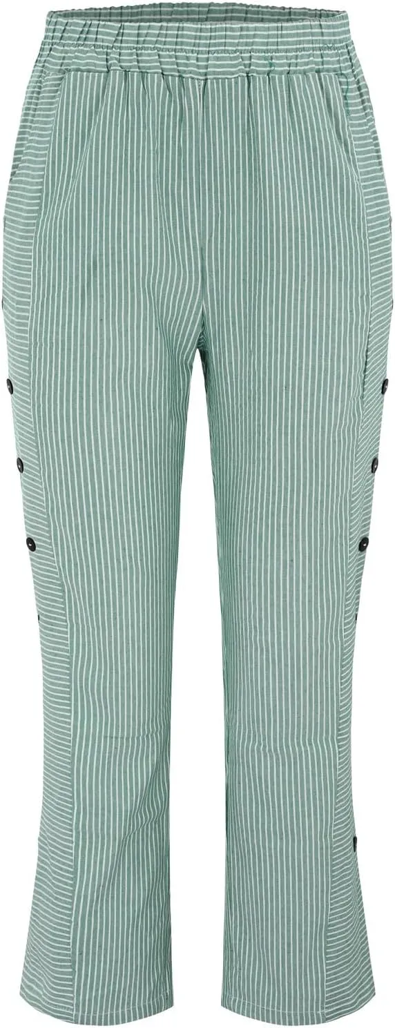 Plus Size Capris for Women Striped Floral Printed Cotton Linen Pants Lightweight Casual Trousers with Pockets