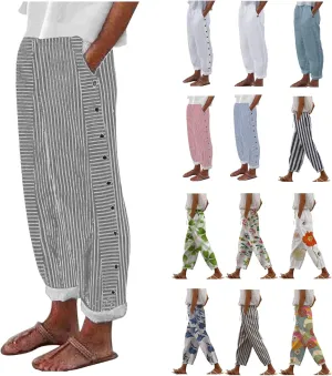 Plus Size Capris for Women Striped Floral Printed Cotton Linen Pants Lightweight Casual Trousers with Pockets