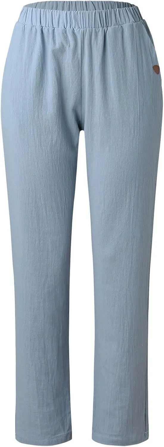 Plus Size Capris for Women Striped Floral Printed Cotton Linen Pants Lightweight Casual Trousers with Pockets