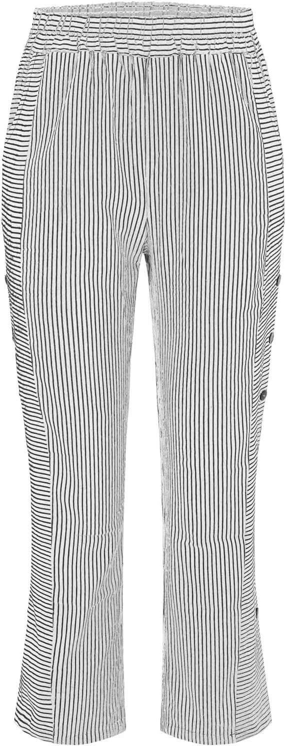 Plus Size Capris for Women Striped Floral Printed Cotton Linen Pants Lightweight Casual Trousers with Pockets