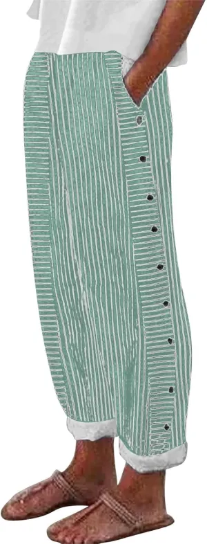 Plus Size Capris for Women Striped Floral Printed Cotton Linen Pants Lightweight Casual Trousers with Pockets