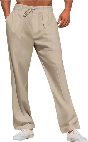 Plus Size Linen Pants for Men Casual Elastic Waist Lightweight Loose Fit Trousers Solid Business Wide Leg Suit Pant