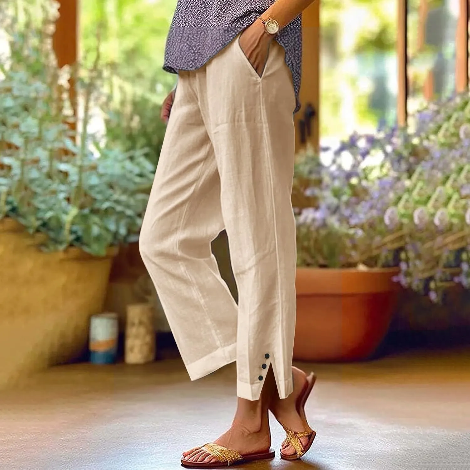 Plus Size Linen Pants for Women High Waisted Drawstring Cropped Capri Pants Casual Summer Work Pants Trousers 2025