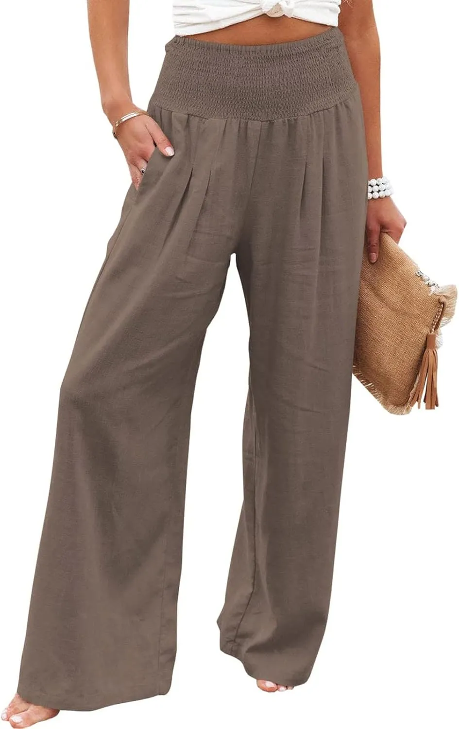 Plus Size Linen Pants For Women Loose Fit Wide Leg Lounge Pants Boho Smocked Waisted Palazzo Trousers with Pockets