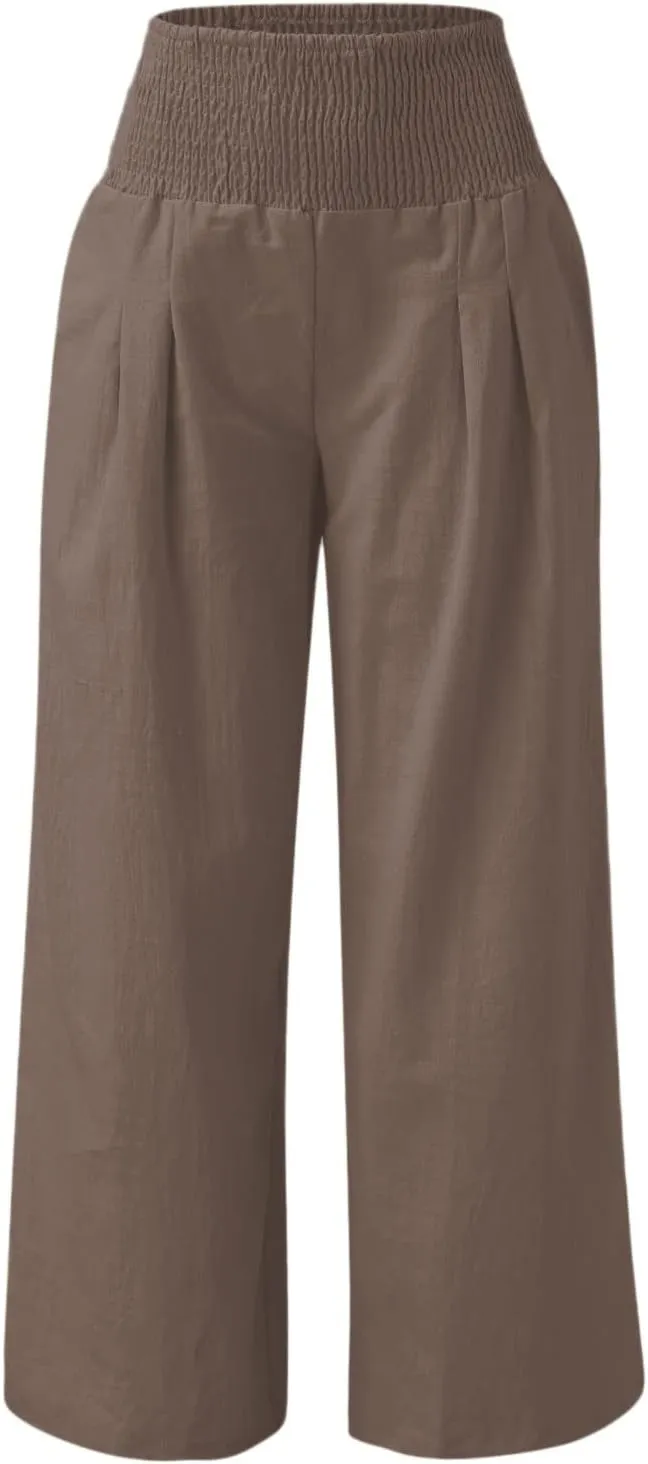 Plus Size Linen Pants For Women Loose Fit Wide Leg Lounge Pants Boho Smocked Waisted Palazzo Trousers with Pockets