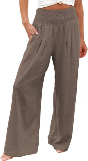 Plus Size Linen Pants For Women Loose Fit Wide Leg Lounge Pants Boho Smocked Waisted Palazzo Trousers with Pockets