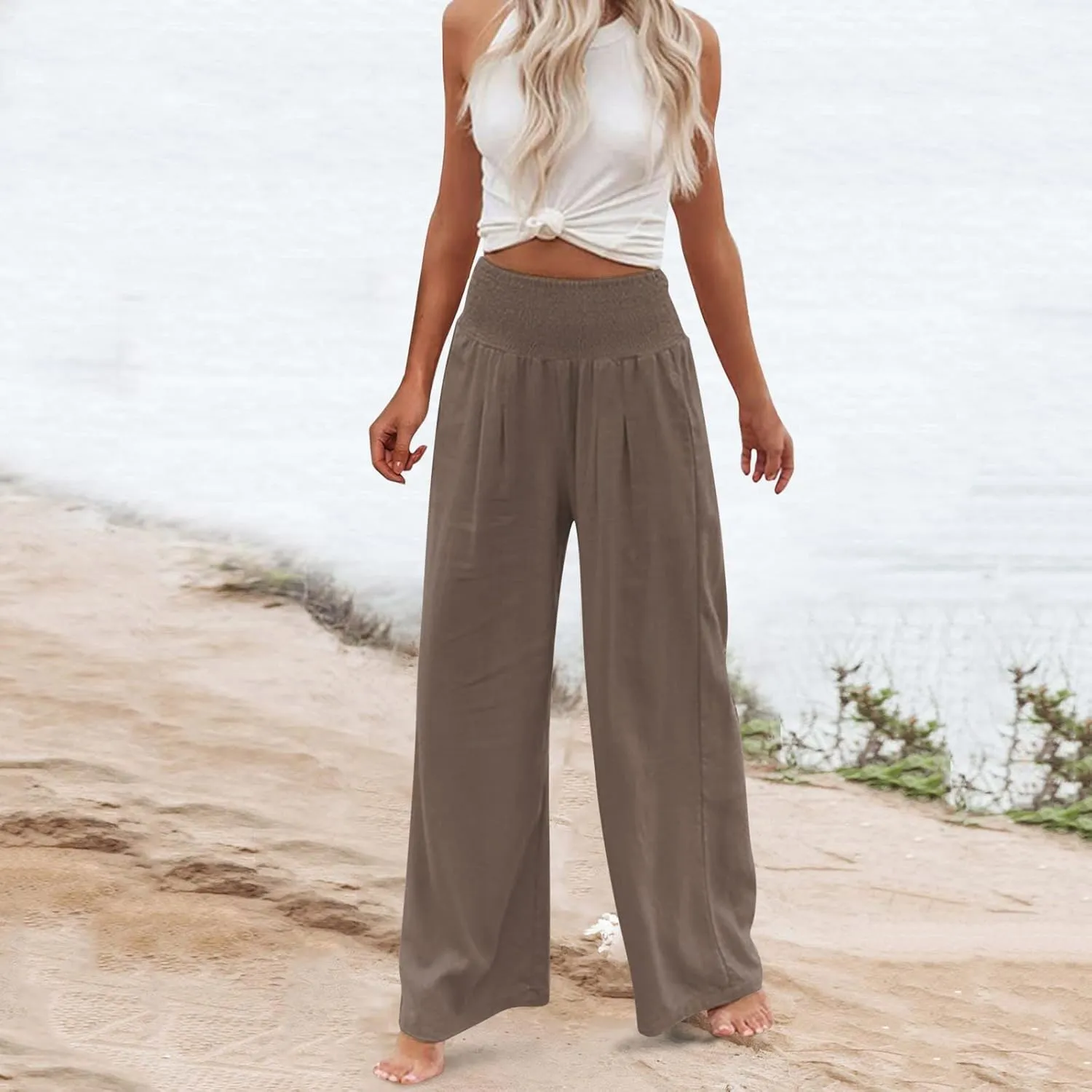 Plus Size Linen Pants For Women Loose Fit Wide Leg Lounge Pants Boho Smocked Waisted Palazzo Trousers with Pockets