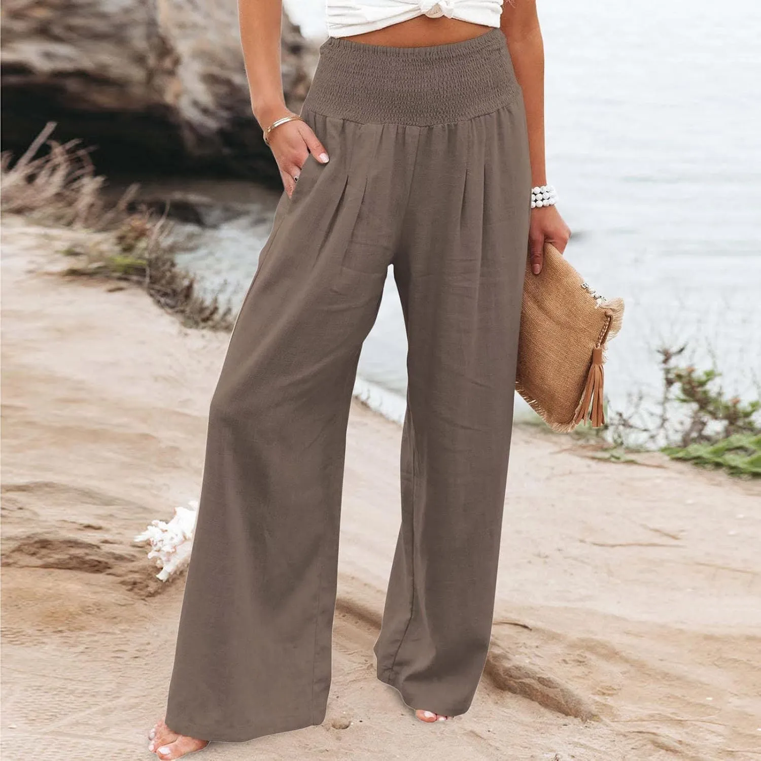 Plus Size Linen Pants For Women Loose Fit Wide Leg Lounge Pants Boho Smocked Waisted Palazzo Trousers with Pockets