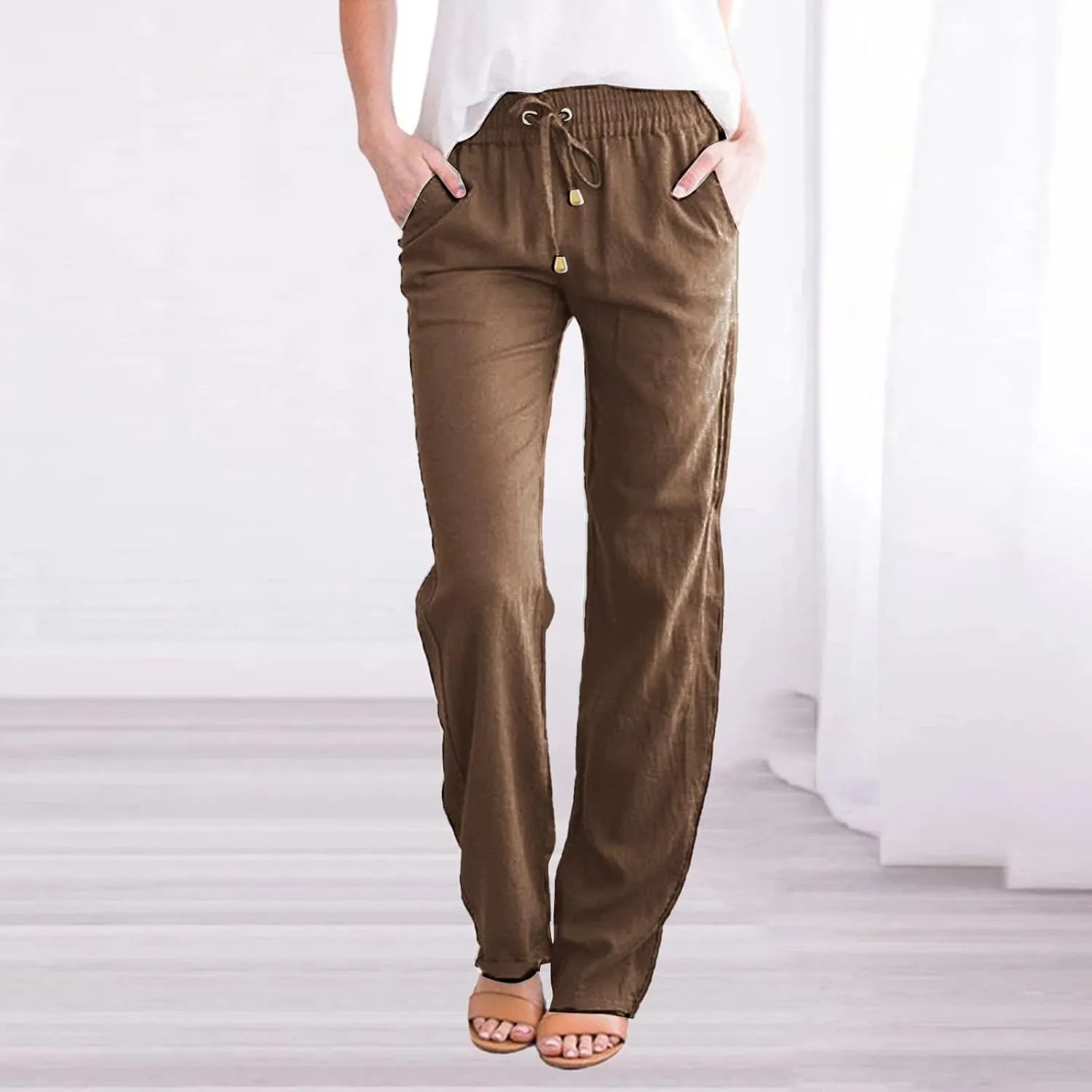 Plus Size Linen Pants Women Summer Casual High Waisted Trendy Loose Lounge Drawstring with Pockets Trousers Travel
