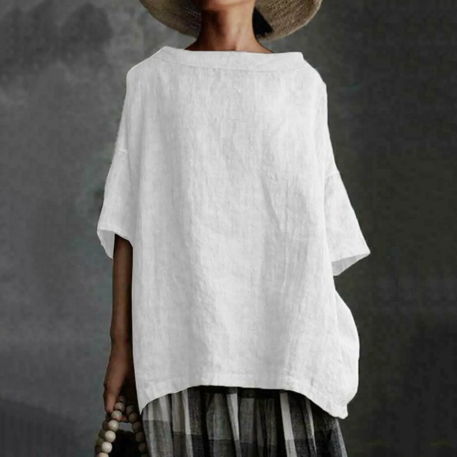 Plus Size Linen Shirts for Women Summer Short Sleeve Tops Cotton Plain T Shirts Oversized Basic Tee Loose Fit Blouse