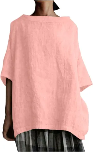 Plus Size Linen Shirts for Women Summer Short Sleeve Tops Cotton Plain T Shirts Oversized Basic Tee Loose Fit Blouse
