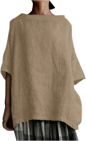 Plus Size Linen Shirts for Women Summer Short Sleeve Tops Cotton Plain T Shirts Oversized Basic Tee Loose Fit Blouse