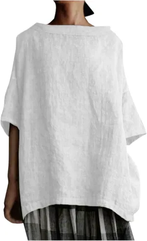 Plus Size Linen Shirts for Women Summer Short Sleeve Tops Cotton Plain T Shirts Oversized Basic Tee Loose Fit Blouse