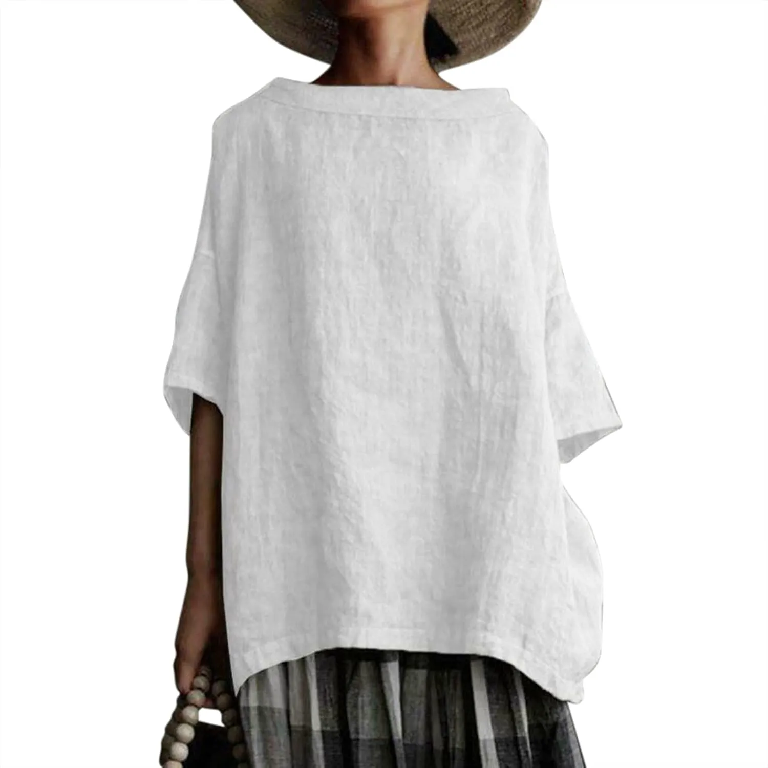Plus Size Linen Shirts for Women Summer Short Sleeve Tops Cotton Plain T Shirts Oversized Basic Tee Loose Fit Blouse