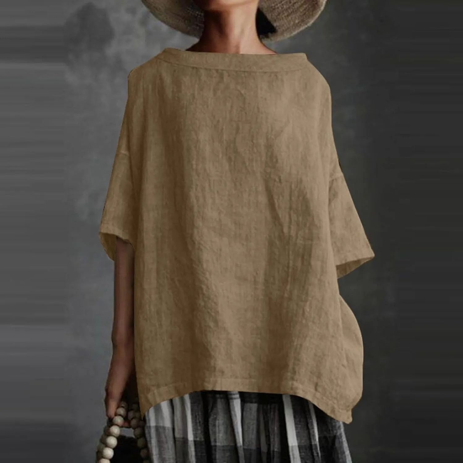 Plus Size Linen Shirts for Women Summer Short Sleeve Tops Cotton Plain T Shirts Oversized Basic Tee Loose Fit Blouse