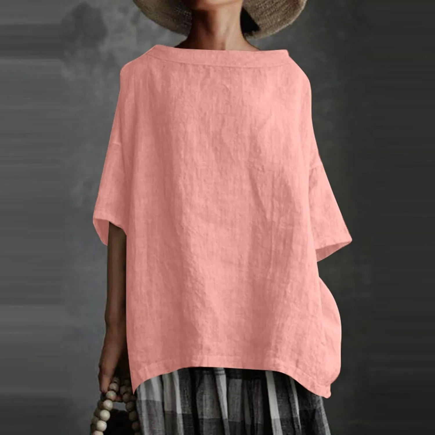 Plus Size Linen Shirts for Women Summer Short Sleeve Tops Cotton Plain T Shirts Oversized Basic Tee Loose Fit Blouse