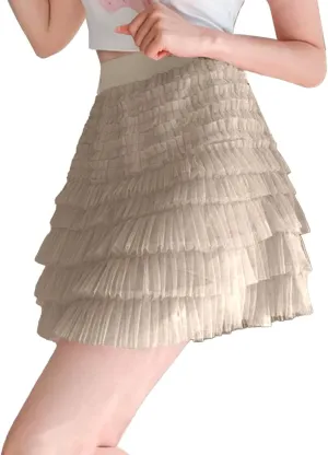 Plus Size Mini Skirt for Women Summer Lightweight Solid Mesh Ruffles A-Line Beach Mini Skirts for Vacation Streetwear