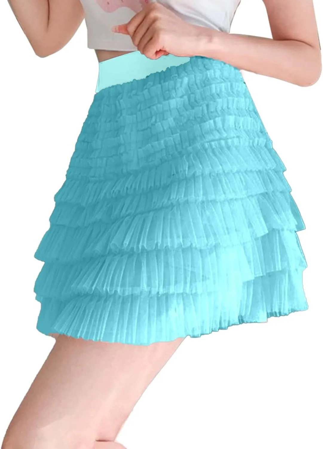 Plus Size Mini Skirt for Women Summer Lightweight Solid Mesh Ruffles A-Line Beach Mini Skirts for Vacation Streetwear