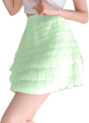 Plus Size Mini Skirt for Women Summer Lightweight Solid Mesh Ruffles A-Line Beach Mini Skirts for Vacation Streetwear