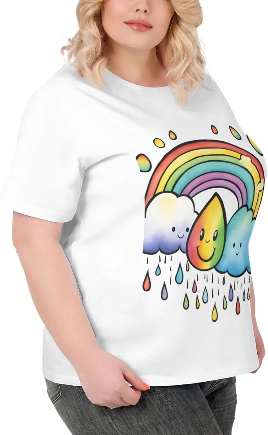 Plus Size Women's Short-Sleeved T-Shirt Crewneck Oversized Tees White Black L-6XL Rainbow Cloud Raindrop Print