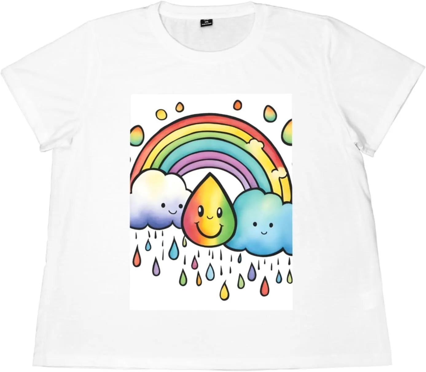 Plus Size Women's Short-Sleeved T-Shirt Crewneck Oversized Tees White Black L-6XL Rainbow Cloud Raindrop Print