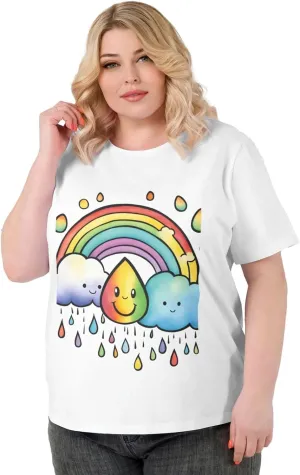 Plus Size Women's Short-Sleeved T-Shirt Crewneck Oversized Tees White Black L-6XL Rainbow Cloud Raindrop Print
