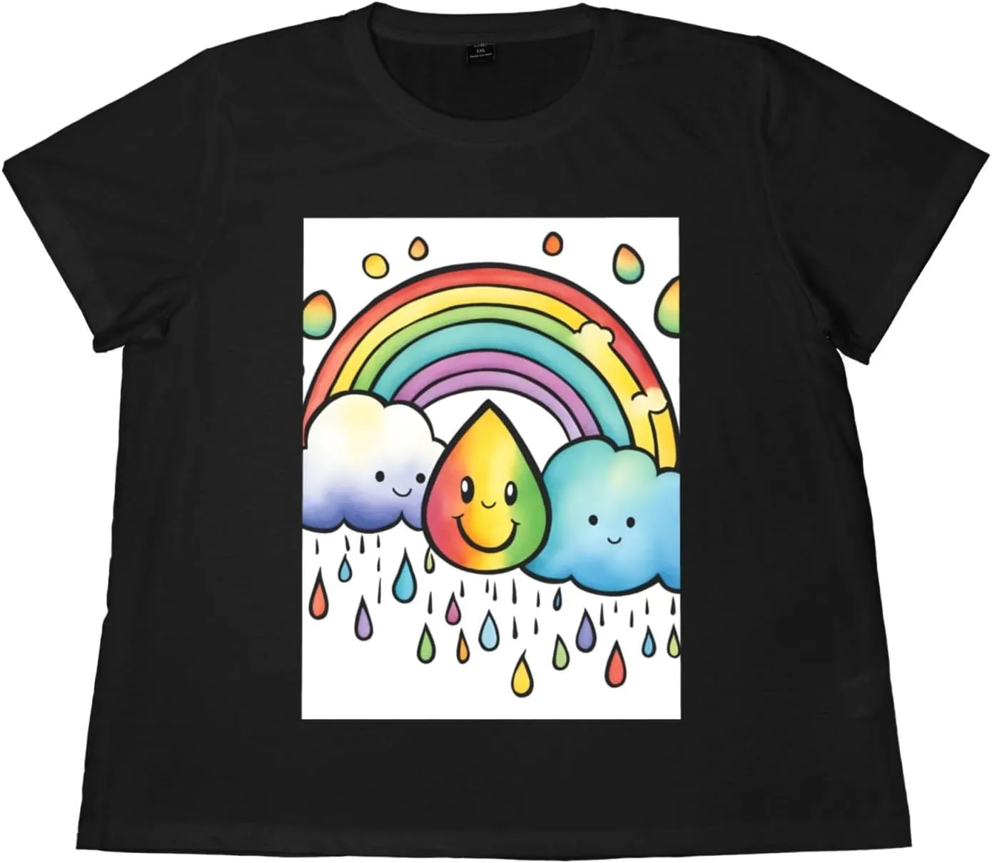 Plus Size Women's Short-Sleeved T-Shirt Crewneck Oversized Tees White Black L-6XL Rainbow Cloud Raindrop Print
