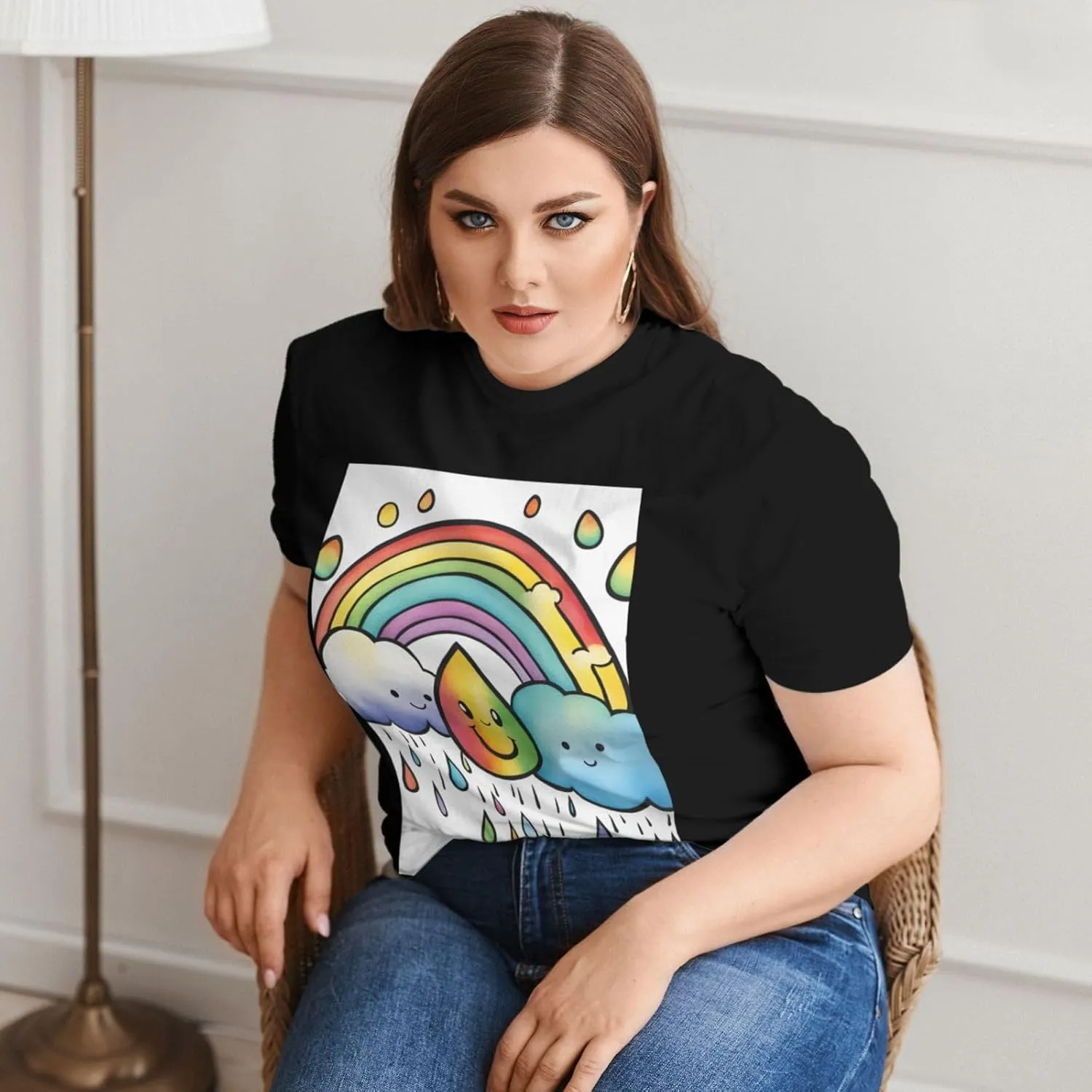 Plus Size Women's Short-Sleeved T-Shirt Crewneck Oversized Tees White Black L-6XL Rainbow Cloud Raindrop Print