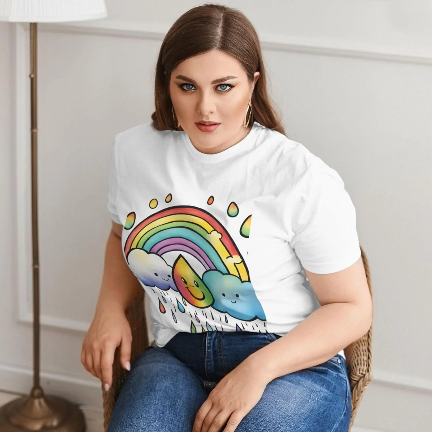 Plus Size Women's Short-Sleeved T-Shirt Crewneck Oversized Tees White Black L-6XL Rainbow Cloud Raindrop Print