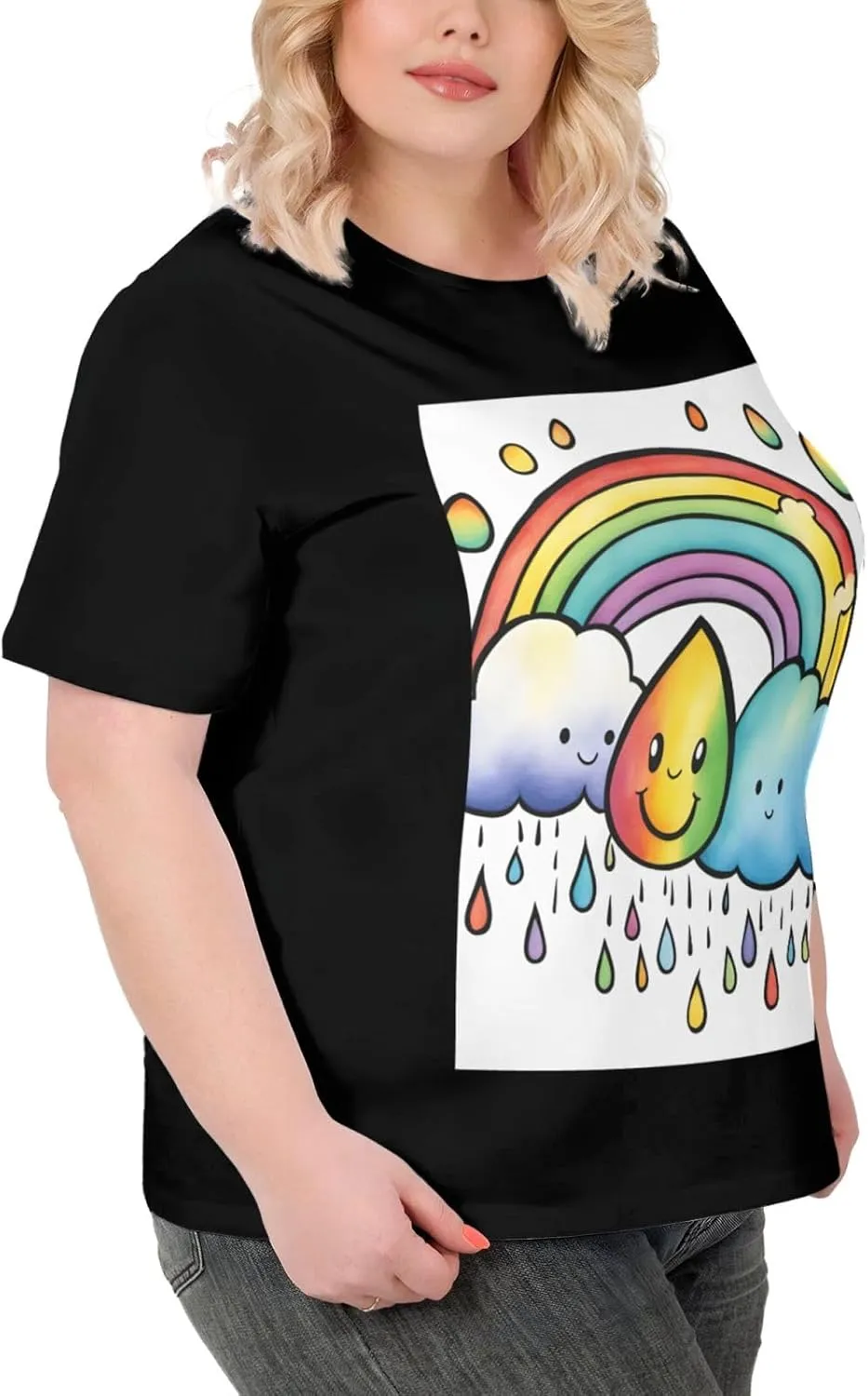 Plus Size Women's Short-Sleeved T-Shirt Crewneck Oversized Tees White Black L-6XL Rainbow Cloud Raindrop Print