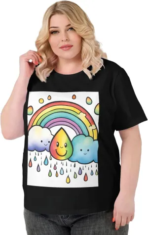 Plus Size Women's Short-Sleeved T-Shirt Crewneck Oversized Tees White Black L-6XL Rainbow Cloud Raindrop Print
