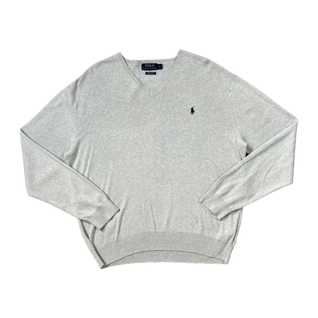 POLO RALPH LAUREN "Pima Cotton" Classic Embroidered Mini Logo Grey V-Neck Knit Sweater Jumper