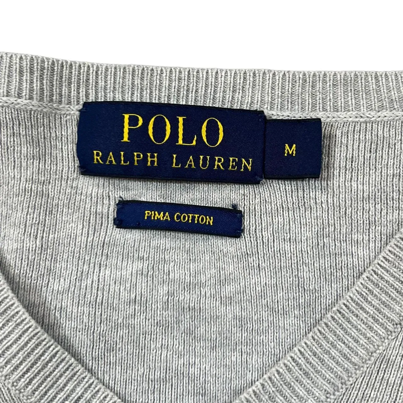 POLO RALPH LAUREN "Pima Cotton" Classic Embroidered Mini Logo Grey V-Neck Knit Sweater Jumper