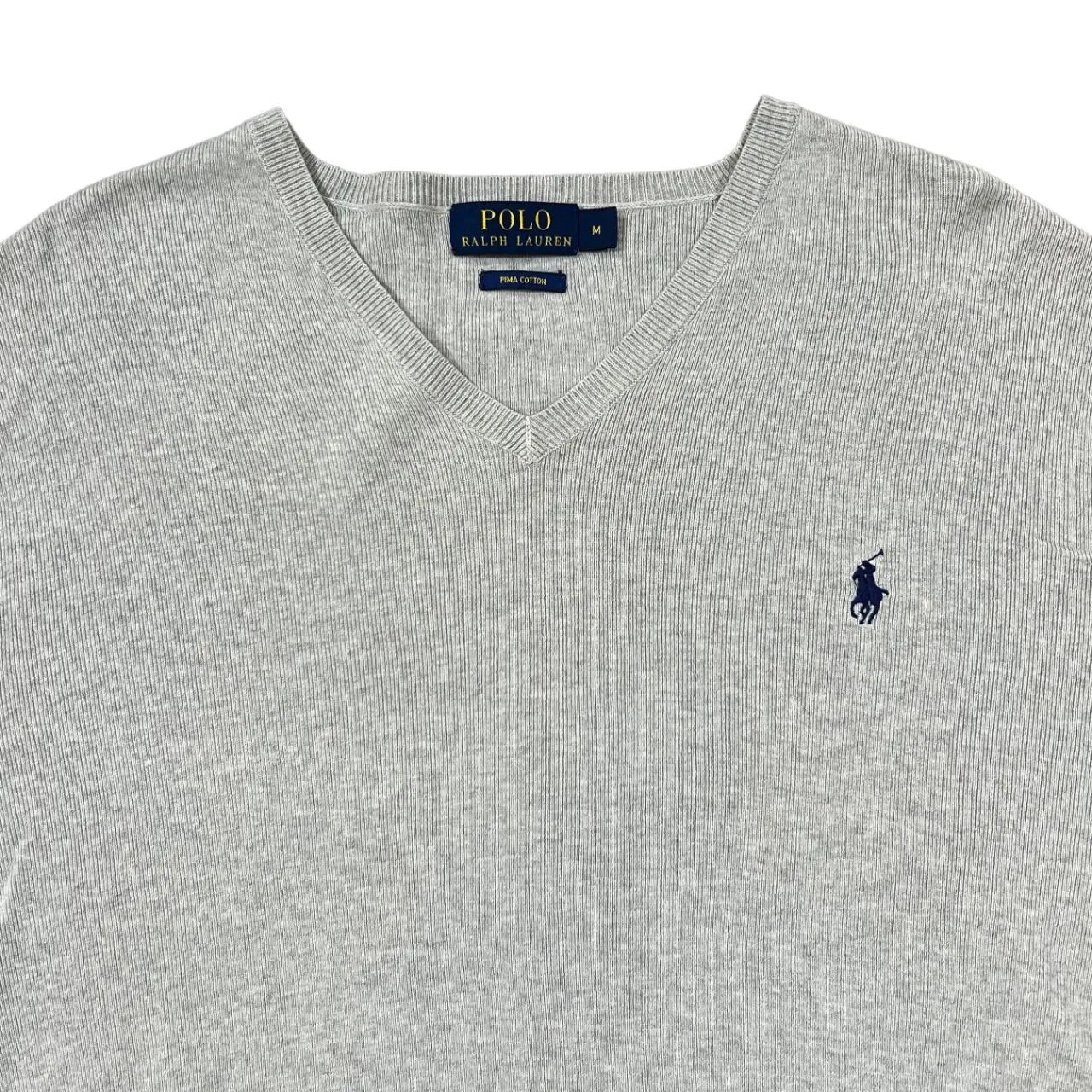 POLO RALPH LAUREN "Pima Cotton" Classic Embroidered Mini Logo Grey V-Neck Knit Sweater Jumper