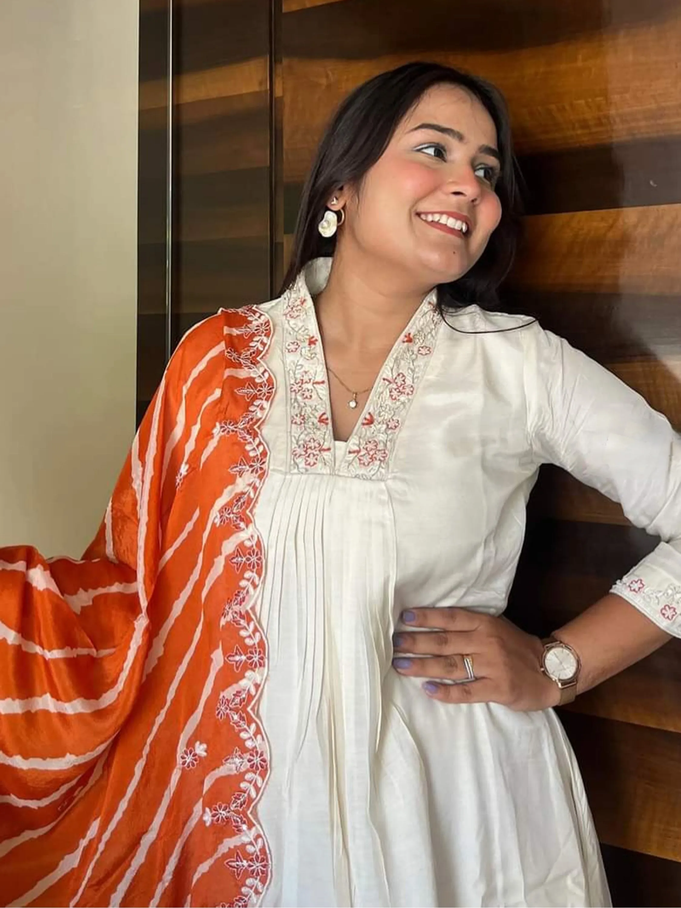 Precious Cream Embroidered Chanderi Silk Event Wear Pant Suit With Dupatta
