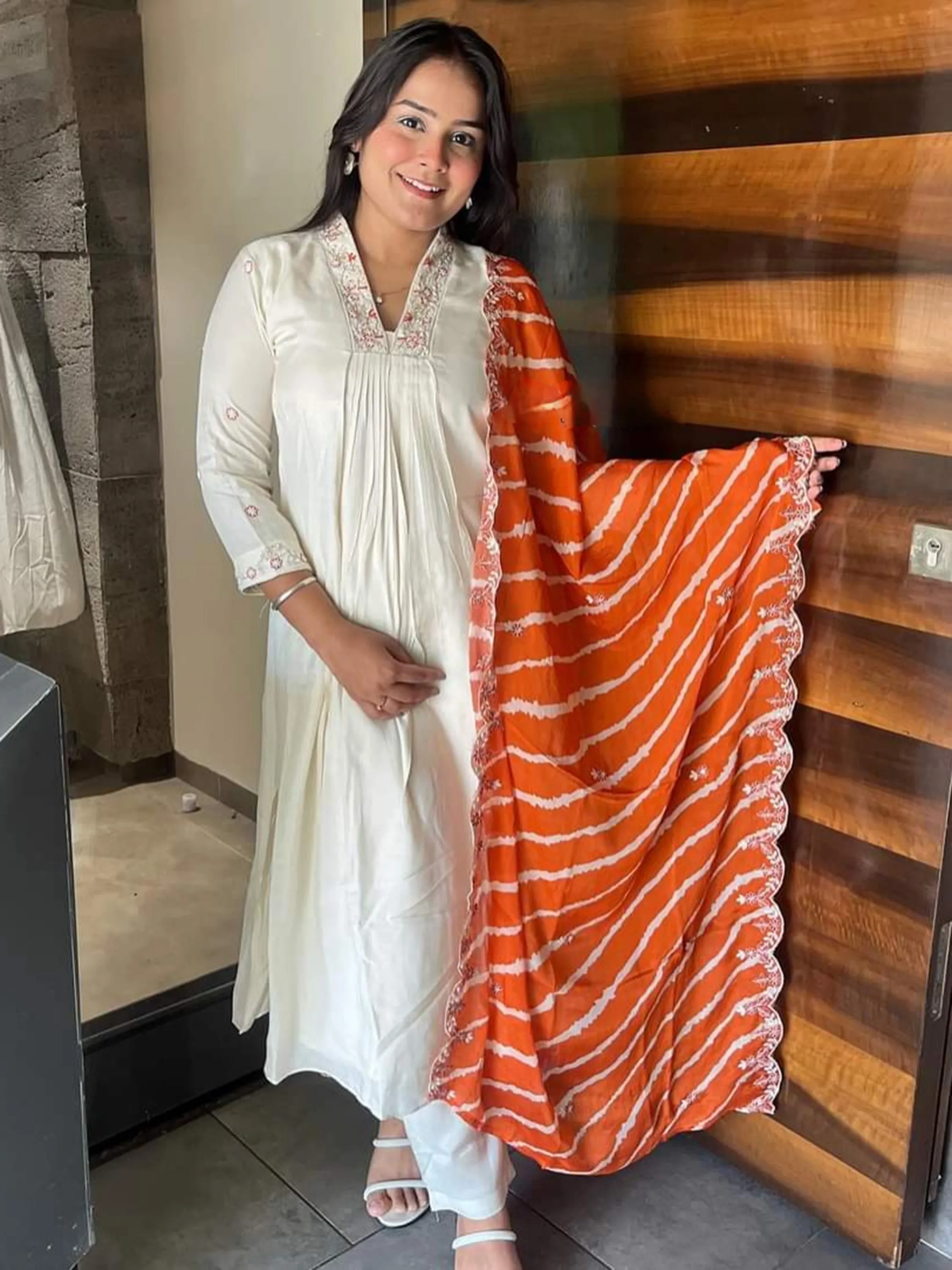 Precious Cream Embroidered Chanderi Silk Event Wear Pant Suit With Dupatta