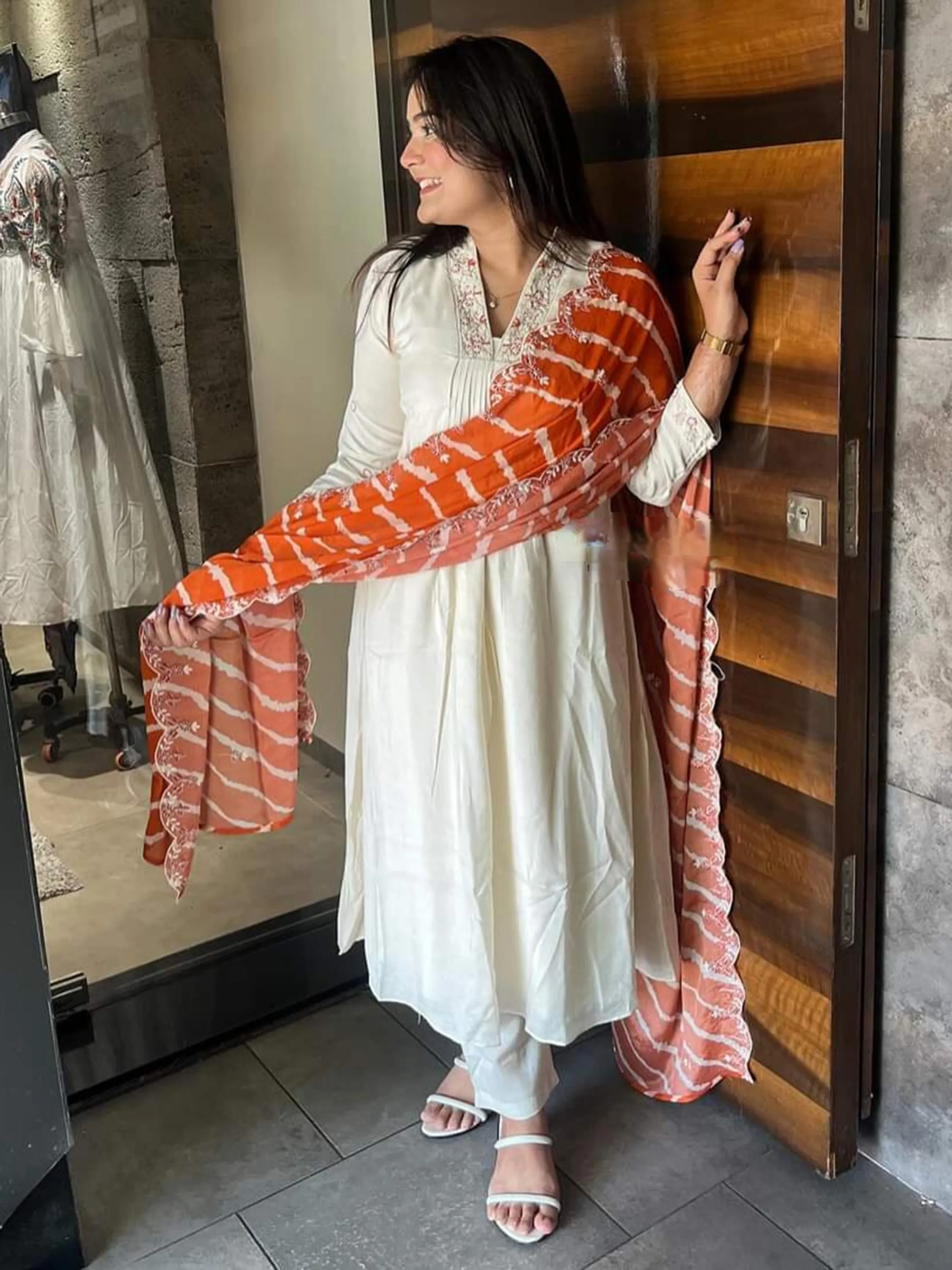 Precious Cream Embroidered Chanderi Silk Event Wear Pant Suit With Dupatta