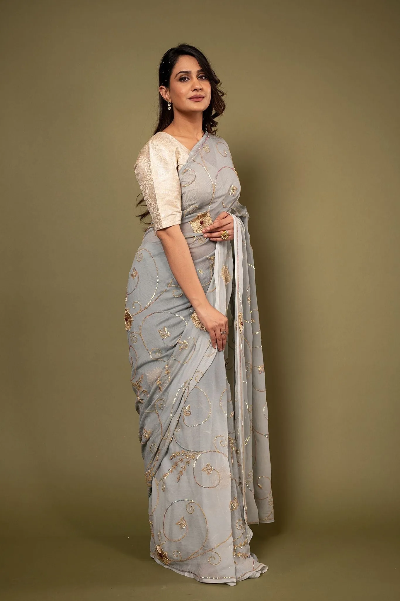 Pure Chiffon Grey Sequin Work Saree