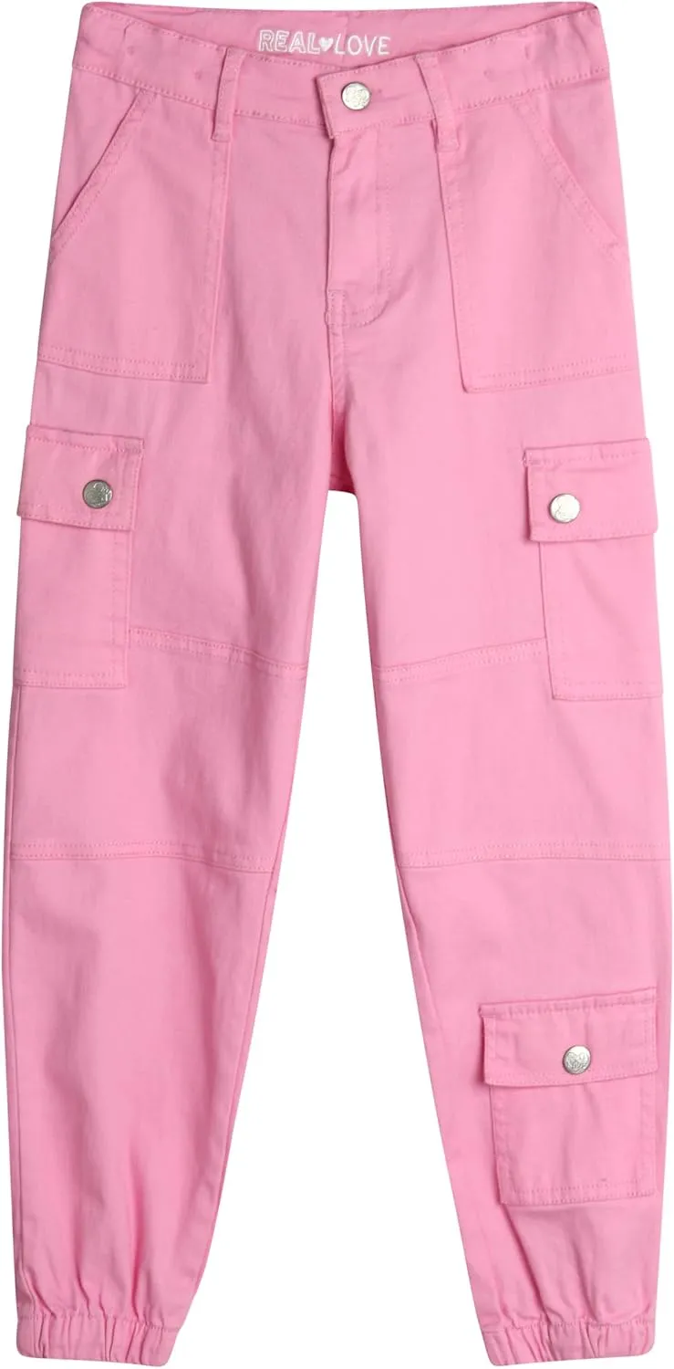 Real Love Girls' Pants - Casual Twill Cargo Jogger Pants - Lightweight Cargo Pants with Pockets (7-16)