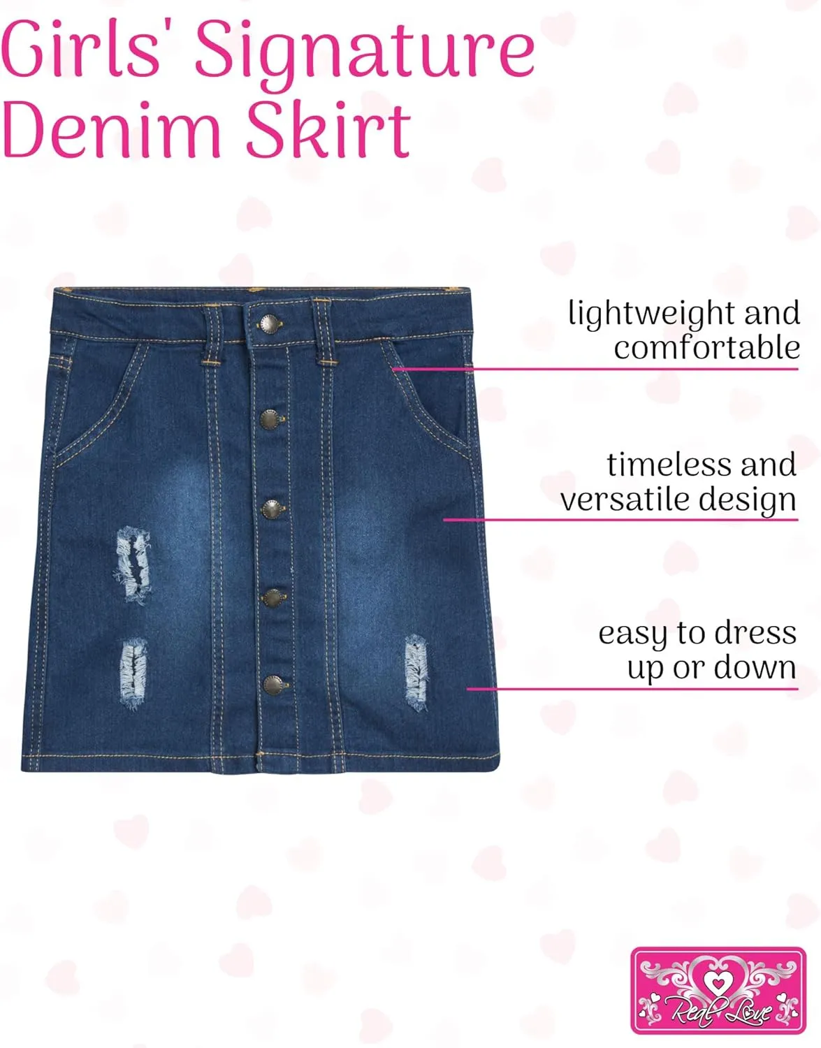 Real Love Girls' Skirt - Casual Washed Denim Jean Skirt (7-16)