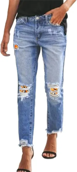 Ripped Jeans Women Skinny Stretchy Distressed Destructed Washed Frayed Raw Hem Boyfriend Denim Pants with Pockets